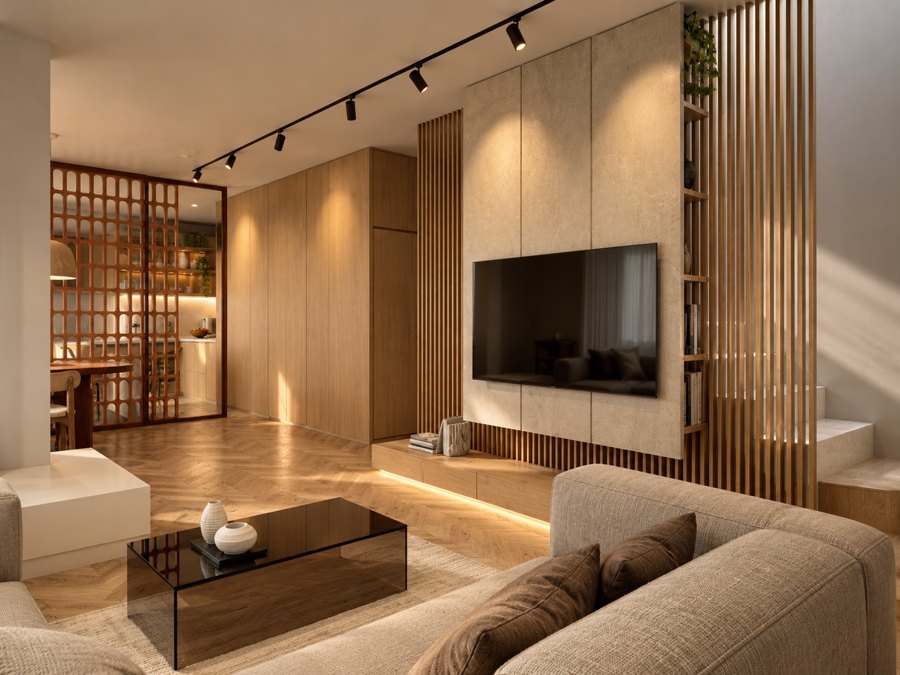 Salón con armarios, panel de TV y celosías a medida diseñado por Arkitektismo